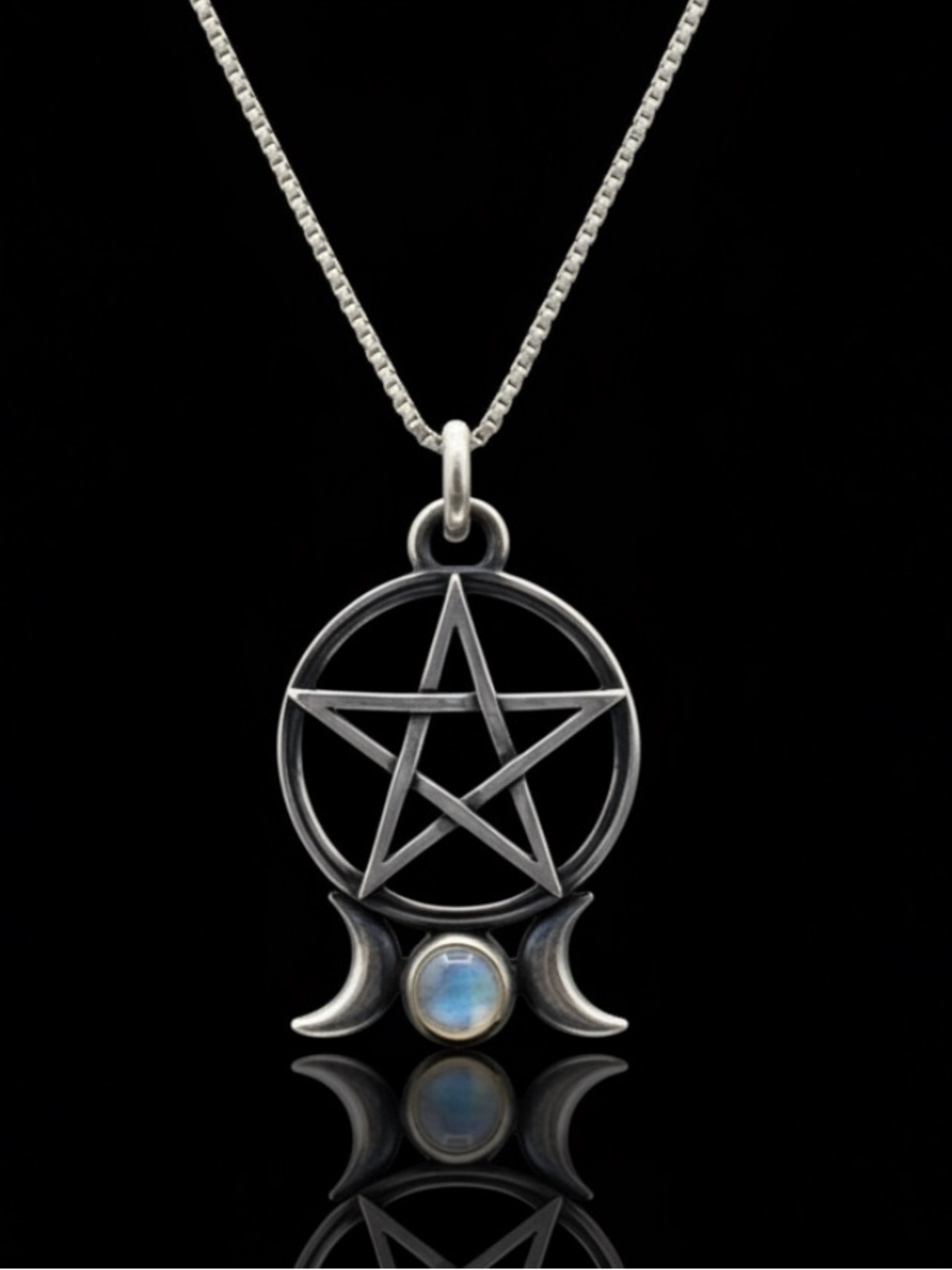 Solid 925 Sterling Silver Triple Moon Pentagram Necklace w/ Moonstone